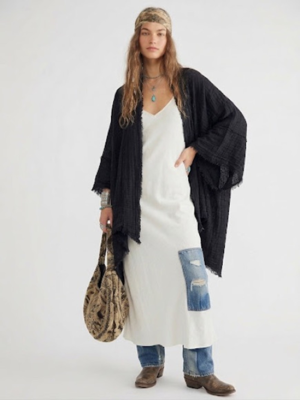 Free People Boho Gauze Kimono Sleeve Waterfall Cardigan Shawl Witchy Whimsigoth